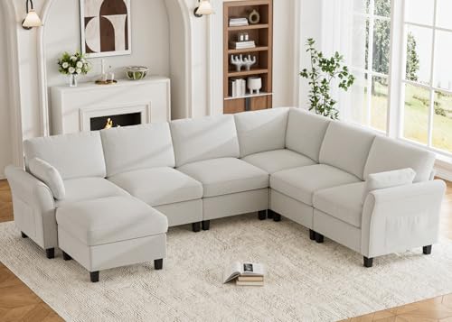 Legend Vansen Modular Sectional Sofa,7 Seat Comfy Sectional Couch with Storage Space, Curved Armrests,Memory Foam,Convertible U Shaped Sofa Couch for Living Room,Apartment (Cream, Sofa Type-4)