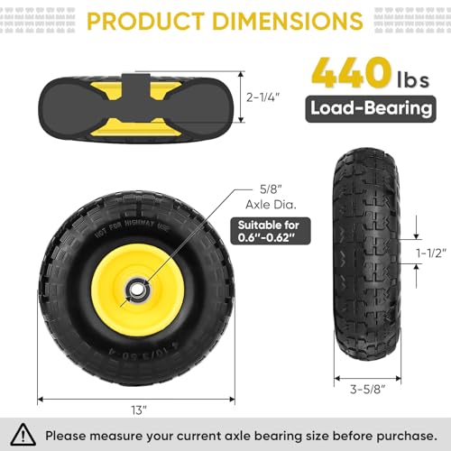 TICONN 4.00-6 Tire and Wheel Flat Free, 2 Pack 13" Solid Tires with 5/8" Axle Bore Hole and Double Sealed Bearings, Perfect for Wheelbarrow, Garden Cart, Wagon, Dolly (Yellow, 2PK) by TICONN - Image 4
