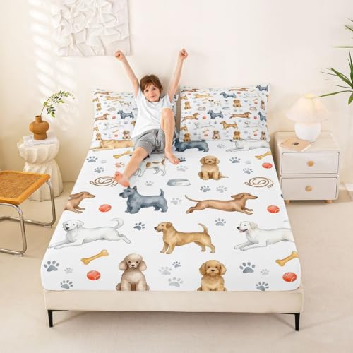 Feelyou Dog Fitted Sheet Cute Puppy Bed Sheet Set Deep Pocket Kawaii Animal Bedding Kids/Baby/Toddler Full Size Includes 1 Sheets & 2 Pillowcases (No Flat Sheet)