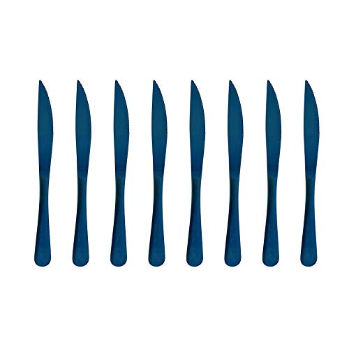 puzhler 8.86 Inch Modern Royal 8 Pcs Steak Knife Matte Pure Blue 18/10 Stainless Steel Utensils Cutlery Dinnerware Knife Serrated Steak Knife,Stain Finish Flatware Sets