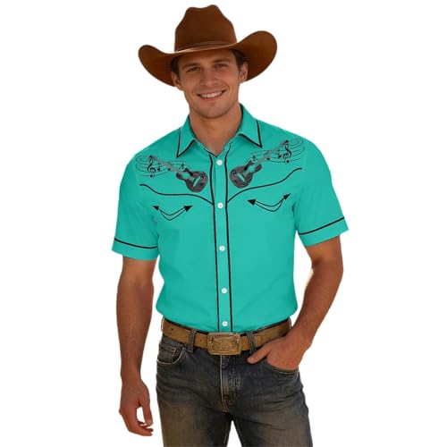 Générique Chemise de Cowboy Brodée pour Homme Boutonnée Chemise Western à Revers Rétro Manches Courtes Décontracté Stretch Chemises Country Chemisette...