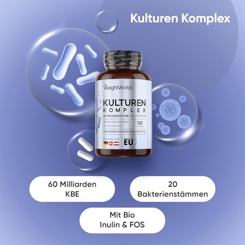 Kulturen Komplex mit 60 Mrd. KBE - 20 Bakterienstämme und Bio Inulin -120 vegane Kapseln - Bakterienkulturen mit Bifidobacterium, Lactobacillus Gasseri & Reuteri - 2 Monate Vorrat - WeightWorld