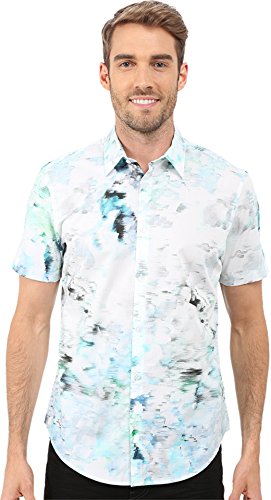 Calvin Klein Men's Water Print Plaid Collar Short Sleeve Button Down Shirt