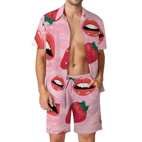 Chemise Hawaïenne Homme Ensemble Short et Pantalon de Plage Été Lèvre Fraise S