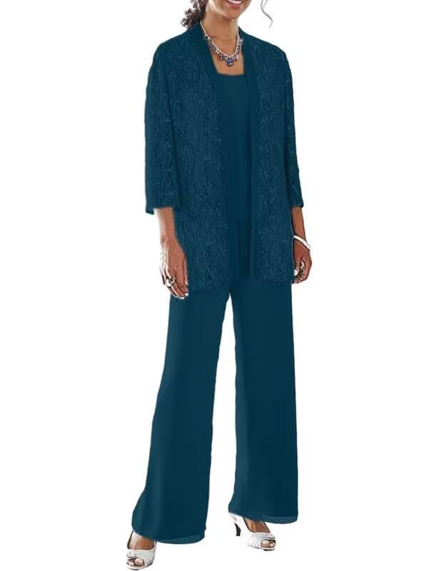 3 Pieces Mother of The Bride Pant Suits with Jacket 3/4 Sleeve Lace Chiffon Dressy Pants Outfit for Women