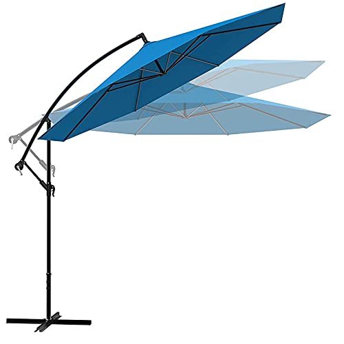 Goognice Cantilever Patio Offset Hanging Umbrella,Aluminum Alloy Large Outdoor Umbrella w/Base,UV Protected Sun Shade for Garden Lawn Deck Backyard Pool Backyard and Restaurant (10FT Blue X Base)