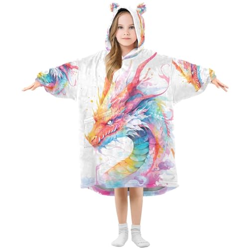 Wearable Blanket Hoodie for Kids Watercolor Dragon Flannel Sherpa Pocket Oversized 11-14 YR Boys Girls