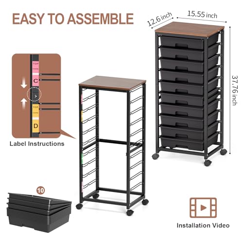 Rolling Cart with Drawers,10 Drawer Rolling Cart,Storage Cart,Utility Cart,Teacher Cart for Classroom Storage,Craft Cart with Wheels and Wooden Tabletop,Black - Image 4
