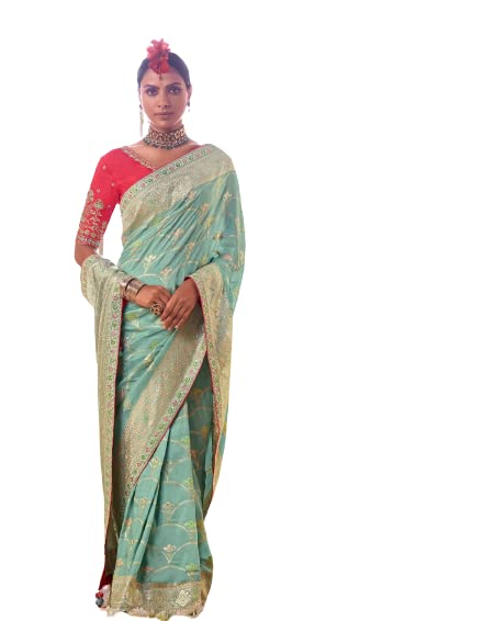 THATH BANARAS Women's Printed Pure Dola Silk Saree with Fancy Lace Border (Color:-Blue & Pink)
