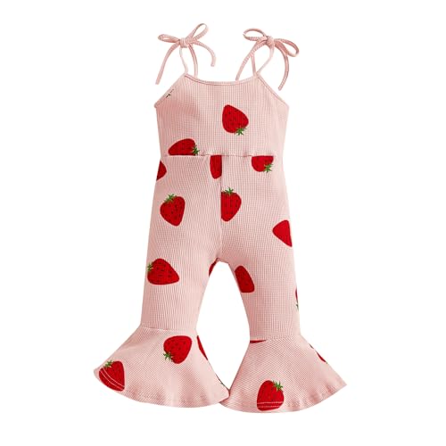 FeMereina Toddler Baby Girls Romper Sleeveless Strawberry Print Jumpsuit Summer Clothes Spaghetti Straps Bodysuit 1-5T (Pink, 3-6 Months)