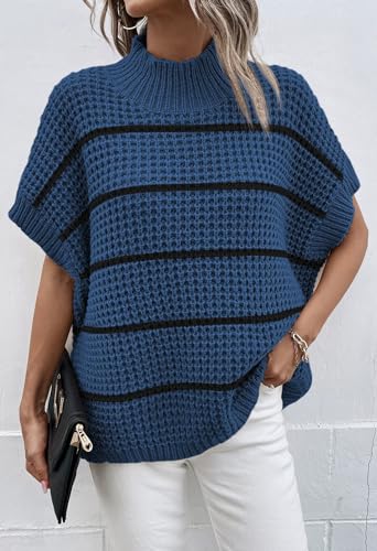 Image of Viottiset Womens Oversized Short Batwing Sleeve Mock Neck Sweater Vest Fall Sleeveless Pullover Knit Sweaters