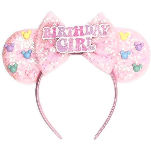 IZHISUOUU Mouse Ears Headband - Birthday Ear Hair Band for Theme Park Parties Cosplay Costume Accessories for Women Adults (Pink)