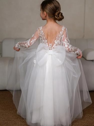 Lace Applique Flower Girl Dress for Wedding Tulle Long Sleeves Bow Knot V-Back Satin Crew Neck Party Ball Gowns2