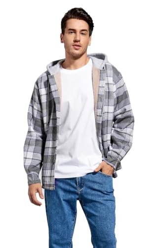 Image of Men's Cotton Plaid Shirt Jacket Fleece Flannel Sherpa Button Down