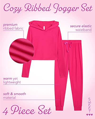 Sweet Hearts Girls' Sweatsuit Set - 4 Piece Lightweight Ribbed Pullover Hoodie Sweatshirt And Jogger Sweatpants (7-16), Size 10-12, Black/Fuchsia #TOP1