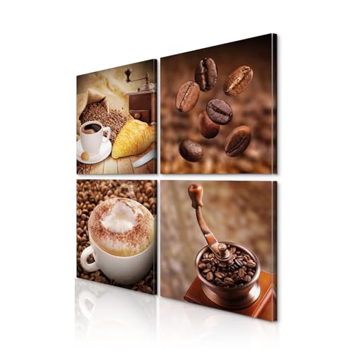 decomonkey Quadro Stampa su Tela moderno Caffè Cucina Set di 4 pezzi 20x20 cm Murale Fotografia Immagini Decorazione da parete Grafica Macinacaffè Coffee Croissant Chicchi di Caffè Aroma marrone