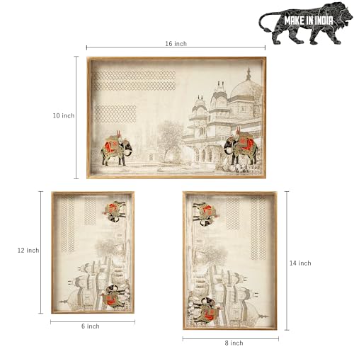Image of Set of 3 Waterproof Wooden Trays - Royal Heritage Design with Palace & Elephant Artwork, Multipurpose Lacquer Coated MDF Serving Trays (16x10, 14x8, 12x6 Inches)(Setof3- WhiteElephant)