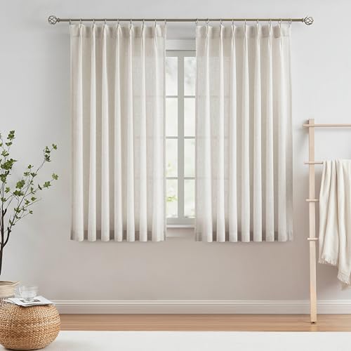 Image of Vision Home Natural Pinch Pleated Semi Sheer Curtains Textured Linen Blended Light Filtering Window Curtains for Living Room Bedroom Pinch Pleat Drapes with Hooks 2 Panels 42 inch Wx63 L