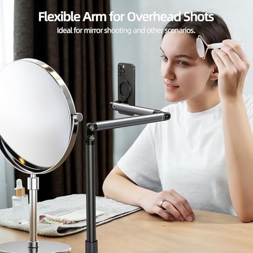 Image of TELESIN Magnetic Mobile Stand, Aluminum Alloy Phone Holder Stand for Video Recording, Overhead Bed /Sofa Phone Mount Height Adjustable Ultra Stable Base for Magsafe /iPhone /Android /iPad