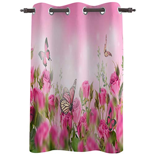 Possta Decor - Cortinas opacas para ventana, diseño de flores rosas con mariposa voladora, aislamiento térmico, con tratamiento de oscurecimiento de flores, con ojales en la parte superior para sala d