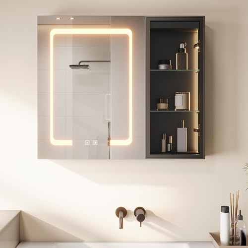 SONNI Spiegelschrank Bad mit Beleuchtung 70x60cm, Schwarz LED Spiegelschrank mit Glasvitrine und Ambientebeleuchtung, Glasboden, Anti-Beschlag, Steckdose, 3 Lichtfarben, Dimmbar, Vollständig Montiert