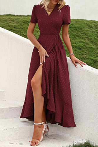 Image of PRETTYGARDEN Women's Summer Wrap Maxi Dress Casual Boho Floral V Neck Short Sleeve Ruffle Hem Split Beach Long Dresses