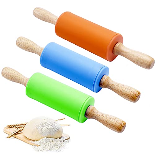 Rouleau Pâtisserie Silicone 3 Pcs Manche Bois Rouleau à Pâte Avec Poignées En Bois Rouleau à Pâtisserie En Bois Enfants Rouleau à Pâtisserie Rouleau à Pâtisserie Cuisine Enfants Bleu Orange 23cm Cover