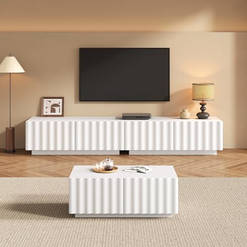Ensemble Salon Complet avec Motif Ondulé 3D – Meuble TV 200 cm et Table Basse 100 cm, Rangement 6 Tiroirs, Design Moderne Minimaliste pour Salon, Structure...