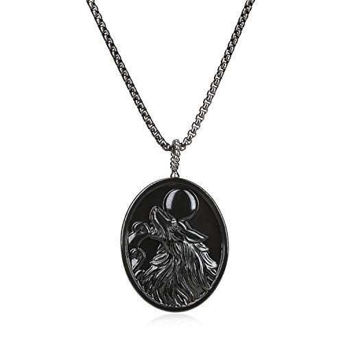 Pendentif loup obsidienne homme collier amulette ovale en pierre
