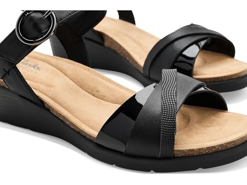 Clarks Women's Kacha Twist Wedge Sandal, Black Leather, 9 angle 7