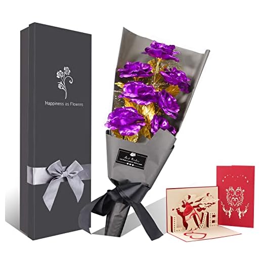 Ramo Flores Rosa Chapada en Oro, 6 Piezas Ramo Rosa Artificiales de Papel Oro con Caja de Regalo para el Día de San Valentín, Día de La Madre, Aniversario, Cumpleaños, Navidad, Decoración (Morado)