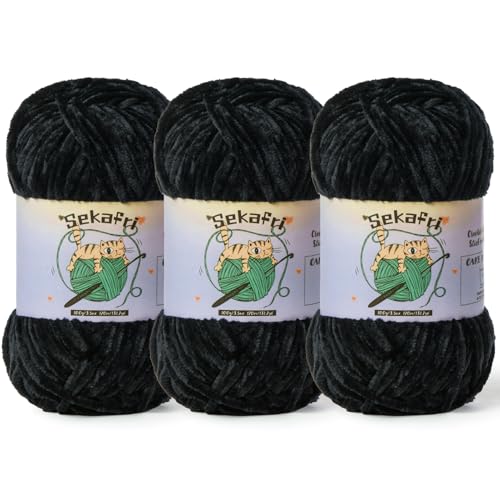 3 Pack Fuzzy Chenille Yarn for Crocheting,Velvet Baby Blanket Yarn for Crocheting,Soft Plush Yarns for Hand Knitting,(300 g/393yds) Fluffy Amigurumi Crochet Yarns (3 Black)