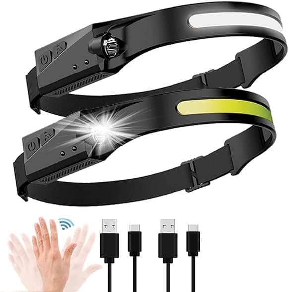 VISVIC 2 faros delanteros recargables, luz de cabeza de haz ancho de 230 con sensor de movimiento para adultos, diadema ajustable impermeable al