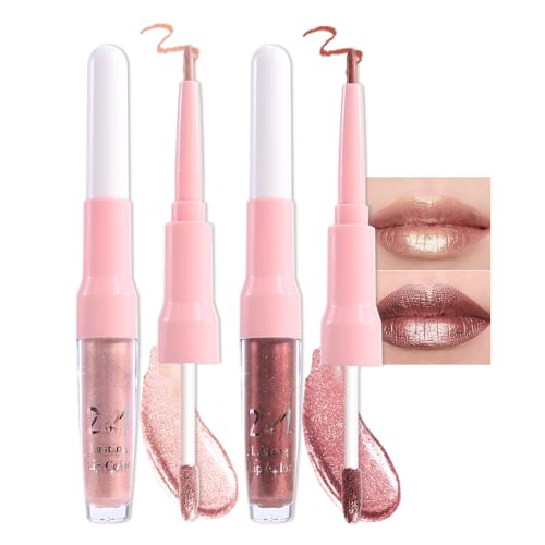 Image of evpct 2Pcs Beige Gold Mature Red Metallic Glitter Lip Liner and Lipstick Combo, Shimmery Lip Gloss Stain Set Makeup for Women LongLasting Waterproof, Metallic Shimmer Iridescent Glossy Liquid Lipstick