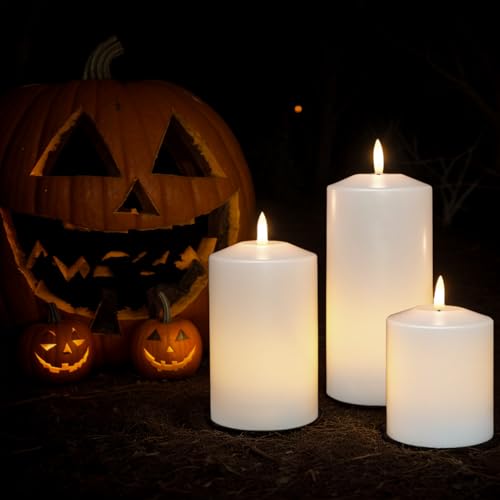 Image of GenSwin Rechargeable Flameless Candles Battery Operated with Remote Timer | LED Pillar Candles, Party /Wedding /Home Decor, White, 3 Pack, D3x H4.6 inch5.8 inch6.8 inch