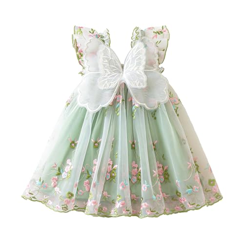 Image of NNJXD Baby Girl Princess Tulle Dress Floral Embroidery Ruffle Sleeve Butterfly Fairy Party Dresses for Toddler 2231 Green 12-18 Months