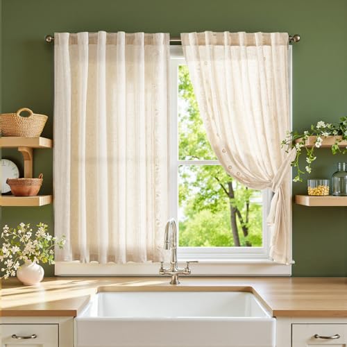 Image of jinchan Ivory Floral Linen Kitchen Tier Curtains 45 Inch Back Tab 2 Panels