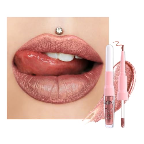 Image of evpct Bronze Gold Metallic Glitter Lip Liner and Lipstick Combo Lip Gloss Stain Set Makeup for Women Long Lasting Waterproof 24, Rose Gold Metallic Shimmer Frosted Iridescent Glossy Liquid Lipstick 14