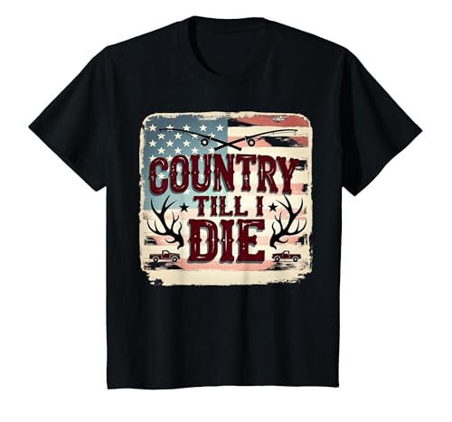 Redneck Country Till I Die Patriotic Fishing Hunting Pride T-Shirt, Youth, Black, Medium
