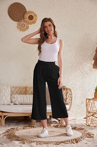 Womens Linen Pants Elastic High Waisted Wide Leg Drawstring Casual Loose Cropped Pants with Pockets3