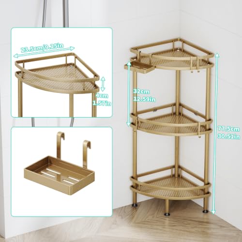 Image of HapiRm Standing Corner Shower Caddy - 3 Tier Shower Organizer Corner with Soap Holder and 4 Hooks, Rustproof Bathroom Storage Shelves with Adhesives, Gold