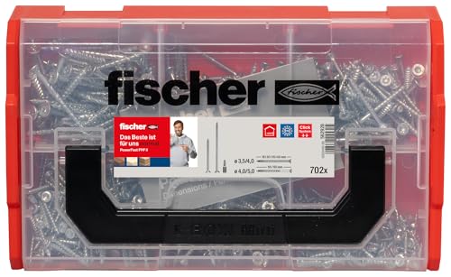 fischer FixTainer PowerFast II Spanplattenschraube, vorsortierte Sortimentsbox mit 700 Schrauben und 2 Bits, Senkkopf, Teilgewinde, Vollgewinde und TX-Antrieb, universelles Set zur Befestigung