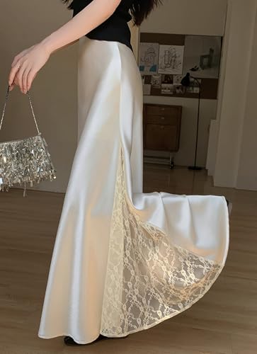 Women's Satin Fishtail Skirt Elastic Waist Side Lace Slim Fit Flowing Hem Fashion Drape Hip Wrap Long Skirts2