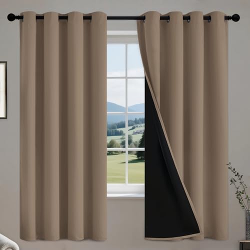 Image of COSVIYA 100% Khaki Green Blackout Curtains for Kids Room 63 Inches Length | Room Darkening Light Blocking Drapes for Bedroom, Grommet Thermal Insulated Window Panels with Black Liner, W52xL63,2 Panels
