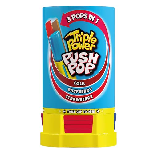 Push Pop Triple Power Lollipop (1 Pack) Twist Cap and Clip Tasty Kids Sweets Strawberry Raspberry & Cola Lollies - Halal Candy Lollipops