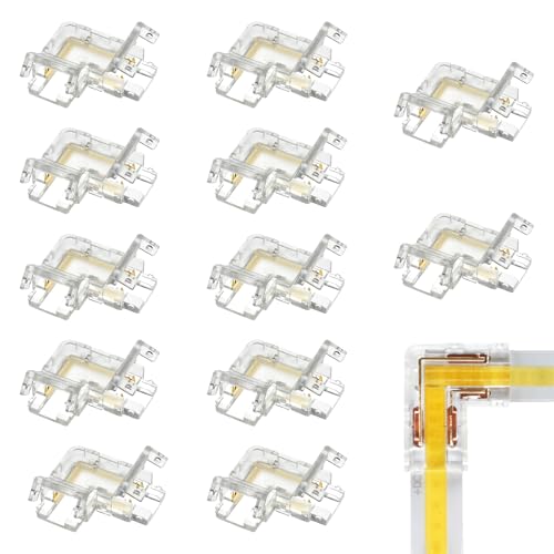SVIANG 12Pack 2-Pin 8mm L Shape LED Strip Connector, Solderless Transparent Corner Connector for COB Light Strips, No Tool & Reusable, No Dark Area for Single Color 12V 24V