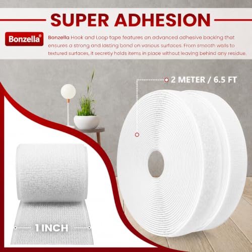 Image of BONZELLA Self Adhesive Hook and Loop Tape, Mosquito Net Mounting Tape for Office use, Photo Frames, Multipurpose Double Sided Adhesive Hook Loop Tape for Crafting & Wall Hanging, White (2M x 25mm)