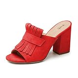 XYD Open Toe Heeled Mules with Fringe Slip On High Chunky Heels Summer Slides Sandals Holiday Casual Dress Shoes for Women Size 12 Red