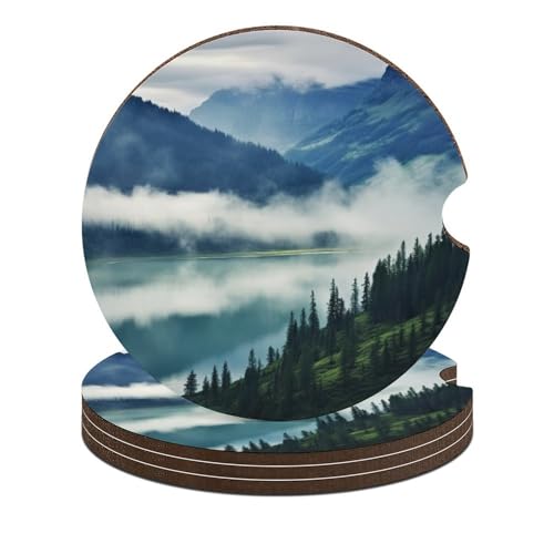 4 PCS Car Cup Holder Coasters Foggy Mountains Landscape Non-Slip Car Coasters Car Interior Accessories for Women Men
