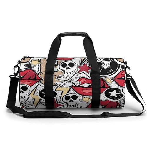 Sac de sport crâne et lèvres rouges 45x23cm, idéal pour gym et voyage